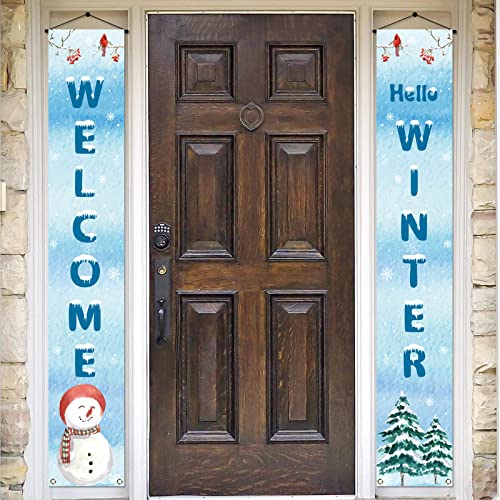 Willkommen Hello Winter Veranda Banner Schneemann Kardinal Weihnachten Xmas Urlaub Haustür Schild Wandbehang Party Dekoration von Pudodo