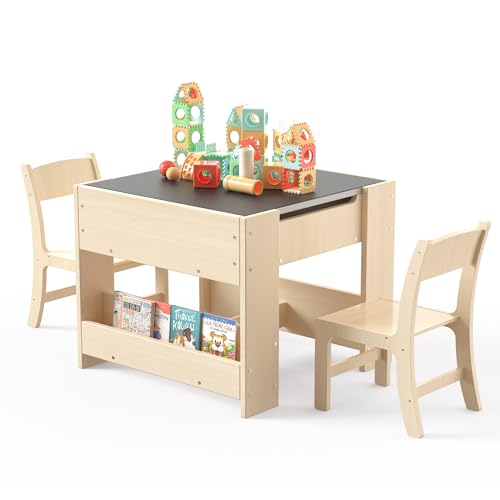 Puecrof 4-in-1 Kinderschreibtisch mit 2 Stühlen – Aktivitätstisch aus Birkenholz mit umkehrbarer Whiteboard- und Kreidetafel, 3 Aufbewahrungsfächern für Kinder zum Malen, Lesen und Basteln(1-4 Jahre) von Puecrof