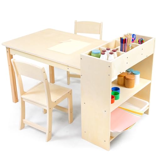 Puecrof Kinder Kunsttisch und 2 Stühle Set, Birkenholz Kinderschreibtisch mit Stauraum, Aktivitätstisch für Basteln und Malen, 106x58cm von Puecrof