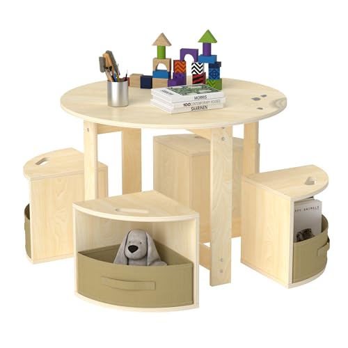 Puecrof Kindertisch mit 3 Hockern & Stauraum – Runde Sitzgruppe aus Holz für Kinderzimmer, Spiel & Basteln – Platzsparendes Design in Naturweiß von Puecrof