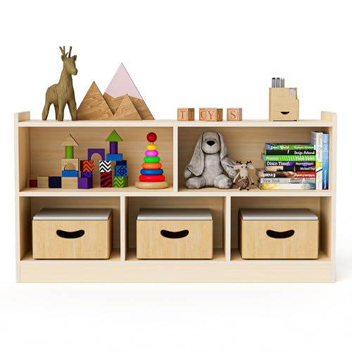 Puecrof Montessori Regal aus Birken-Sperrholz – 5-Fach Aufbewahrungsschrank mit 2 Etagen, Organizer für Kinderzimmer, Klassenzimmer, Kindergärten & Vorschulen von Puecrof