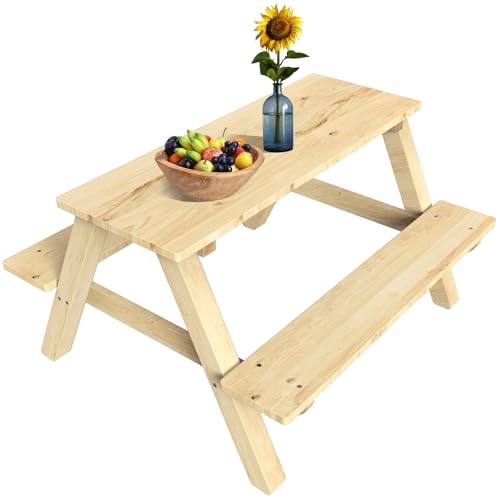 Puecrof Outdoor Kindersitzgarnitur aus Massivholz, Picknicktisch mit 2 Bänken, Robuste Gartensitzgruppe für Kinder, Sitzgruppe Naturholz für Draußen, Spieltisch für Kinder von Puecrof