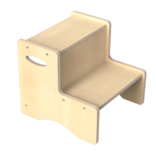 Zweistufiger Tritthocker für Kinder mit Sicherheitswand – Stabile Holz-Trittleiter für Badezimmer, Küche & Zuhause, Kippschutz, Holzoptik von Puecrof