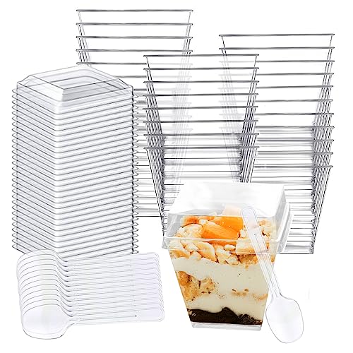 Puedno 30 Stück Desserttassen, 150 ml Plastik Dessertbecher mit Deckel und Löffeln, Wiederverwendbar Dessertbechern, Kunststoff Dessertbecher für Dessertparty von Puedno