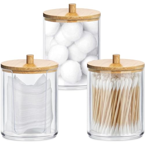 Puedno Acryl Wattestäbchen Halter, 3 Stück Transparente Wattepadspender mit Bambus Deckeln, Wattestäbchen Behälter, Wattepads Aufbewahrungsbox für Schlafzimmer Badezimmer von Puedno