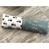 Geburtskissen Mit Originalgewicht „Traktor" Kissen Erinnerung Zur Geburt in Echtmaß Geschenk Taufe Geburtstag Waffelpique von Puenkelinchen