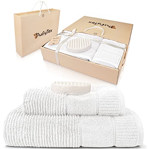 Pufy Tex® Premium Saunahandtuch Geschenk Set 100% Bio-Baumwolle 1x [50x90cm] 1x [70x140cm] XXL-Handtuch flauschig und groß für jeden Einsatzbereich für Damen & Herren inkl. Schwammseife von Pufy Tex