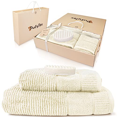Pufy Tex® Premium Saunahandtuch Geschenk Set - Flauschige XXL-Handtücher aus 100% Bio-Baumwolle - Inklusive Schwammseife - Für Damen & Herren von Pufy Tex