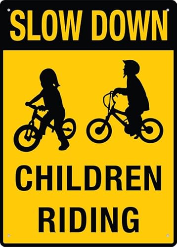 Slow Down Children Riding Metallschild, 30,5 x 20,3 cm, rostfreies Aluminium, mehrfarbig von Puhayexi