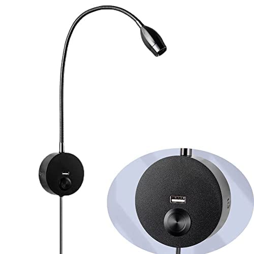 Puhui LED Wandleuchte 360° Verstellbare Schwanenhals Leselicht berühren ?Dimmbar Wandlampe USB-Ladeanschluss 3W Modern Innenbeleuchtung Wandmontage Schlafzimmer Hotels Nachttischlampe Schwarz von Puhui