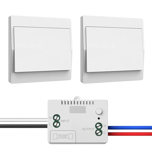 Funk-Lichtschalter 230V Set, Funkschalter – keine Batterien erforderlich, wasserdichter Wandschalter, steuern Sie Ihre Lampe bis zu 200 m fern (1 Empfänger und 2 Schalttafel) von Puiseno