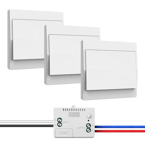 Funk-Lichtschalter 230V Set, Funkschalter – keine Batterien erforderlich, wasserdichter Wandschalter, steuern Sie Ihre Lampe bis zu 200 m fern (1 Empfänger und 3 Schalttafel) von Puiseno