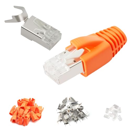 Puiseno 10 Stück Netzwerkstecker 10Gbps, RJ45 Stecker Cat 7 mit Einfädelhilfe und Knickschutz, 8-poliger Plug, kompatibel mit Cat7, Cat 6A für Switch/TV/PS4/ADSL/Modem/TV-Box/Router/PC von Puiseno
