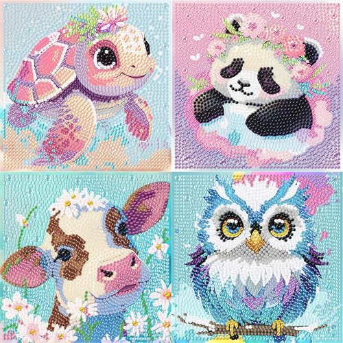 4er Set 5D Diamond Painting Kinder Tiere-Set Full Diamant Painting Bilder Kinder Tiere,DIY Mosaikherstellung Basteln Mädchen Junge 6 7 8 9 10 11 12 Jahre,Geschenk Kinder Ab 6 Jahre 15x15cm von Pujeknm