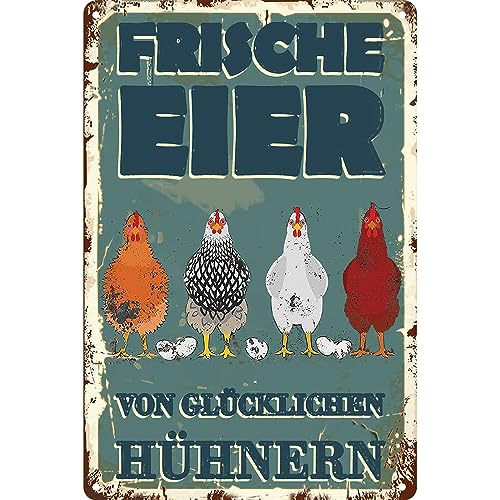 Hühnerstall Outdoor Blechschild-frische Eier glückliche Hühner Metallschild,Lustige Coop Metallschilder Vintage Schild Hühnerstall Zubehör Outdoor Deko(30x20cm) von Pujeknm