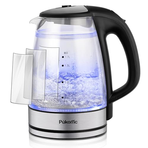 Pukomc Glas Wasserkocher Schwarz 2200 Watt, 1,7 Liter, Teekocher, Doppelwand, 100% BPA FREI, Blaue LED Beleuchtung von Pukomc