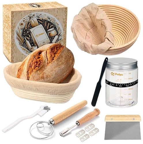 PUKPU Brotbackset 8-Teiliges - Inkl. 2 Gärkörbe für Brot, Fermentationsglas, Teigschaber, Dänischer Teigbesen, Bäckermesser, Bürste und Wachstumsmesser - Sauerteig Starter Set - Brot Backen Zubehör von Pukpu