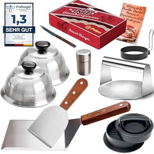 Smash Burger Set – Burgerpresse aus Edelstahl, Spachtel, Grillglocke – BBQ Zubehör für Männer, Plancha oder Grill – Profi Hamburger Kit für Zuhause (braun) Smash Burger Set – Burgerpresse aus Edelstahl, Spachtel, Grillglocke – BBQ Zubehör für Männer, Plancha oder Grill – Profi Hamburger Kit für Zuhause (braun) von Pukpu