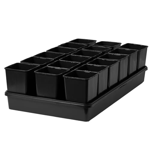 Pullmer 18x Anzuchttöpfe eckig mit Untersetzer, Pflanztöpfe für Stecklinge & Samenanzucht, mit Tablett, Shuttle-Trageschalen (Anzuchttöpfe 9x9x14 + Untersetzer; 1 Pack) von Pullmer