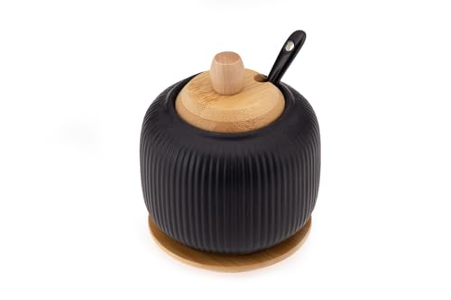 Pullmer Zuckerdose aus Keramik mit Deckel aus Bambusholz mit Bambusuntersetzer und einem Zuckerlöffel, Zuckerbehälter(OSBO Schwarz) von Pullmer