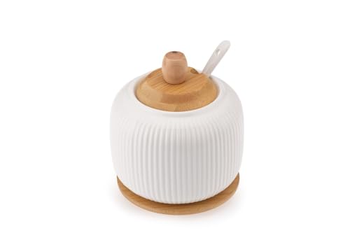 Pullmer Zuckerdose aus Keramik mit Deckel aus Bambusholz mit Bambusuntersetzer und einem Zuckerlöffel, Zuckerbehälter(OSBO Weiß) von Pullmer