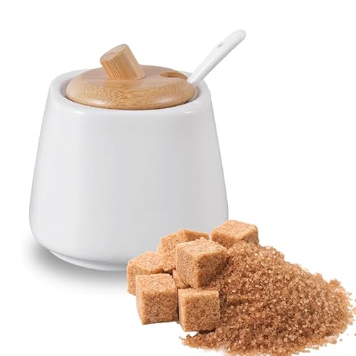 Pullmer Zuckerdose aus Keramik mit Deckel aus Bambusholz und einem Zuckerlöffel, Zuckerbehälter(QuadratRund Weiß) von Pullmer