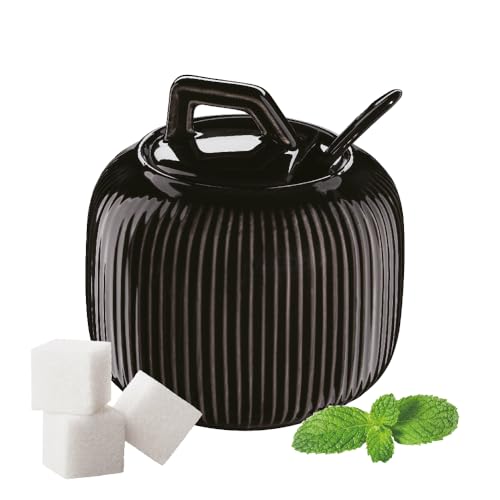 Pullmer Zuckerdose aus Keramik mit Deckel und einem Zuckerlöffel, Zuckerbehälter(Streifen Schwarz Glanz) von Pullmer