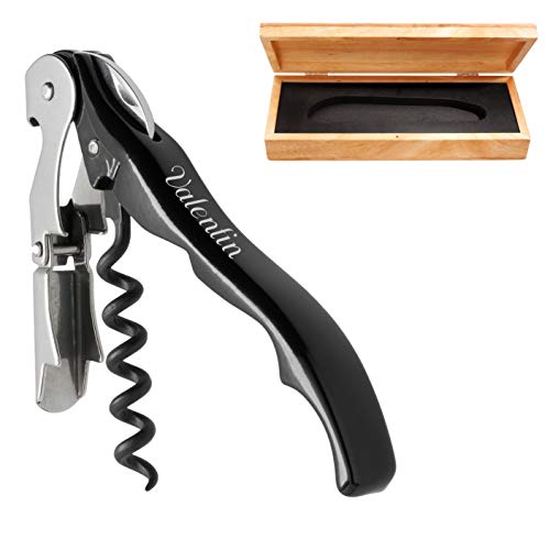 Pulltex Kellnermesser Pulltaps Classic Black Evolution im Holz-Etui mit Laser-Gravur Korkenzieher aus Metall Doppelhebel von Pulltex