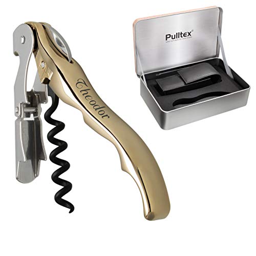 Pulltex Sommelier-Set 2-teilig Kellnermesser Pulltaps Classic Gold mit Laser-Gravur und schwarzem Kunstleder-Etui in edler Geschenk-Box von Pulltex