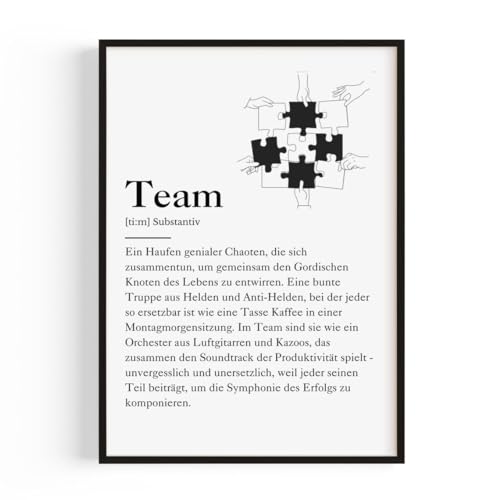 Büro Deko – Büro Gadgets & Schreibtisch Deko Poster "Team Definition Puzzle" A3 (29,7 x 42) – Büro Zubehör & kleine Aufmerksamkeit für Kollegen oder Team Geschenk - Mit frei wählbarem Rahmen von PULSE of HOME