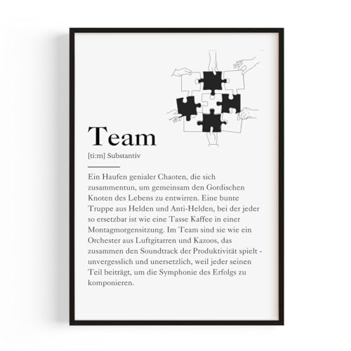 Büro Deko – Büro Gadgets & Schreibtisch Deko Poster "Team Definition Puzzle" A4 (21 x 29,7) – Büro Zubehör & kleine Aufmerksamkeit für Kollegen oder Team Geschenk - Mit frei wählbarem Rahmen von PULSE of HOME