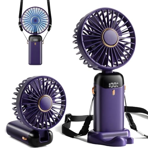 Mini Handheld Fan, Type-C Rechargeable, 4000mAh Battery Operated Fan with Digital Display, 90° Foldable, Handheld/Neck/Desk 3 in 1 Personal Small Fan, Makeup Fan for Women (Lila;) von Pulselala