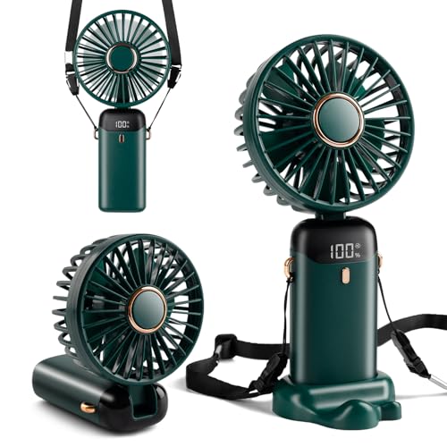 Mini Handheld Fan, Type-C Rechargeable, 4000mAh Battery Operated Fan with Digital Display, 90° Foldable, Handheld/Neck/Desk 3 in 1 Personal Small Fan, Makeup Fan for Women (Tiefgrün) von Pulselala