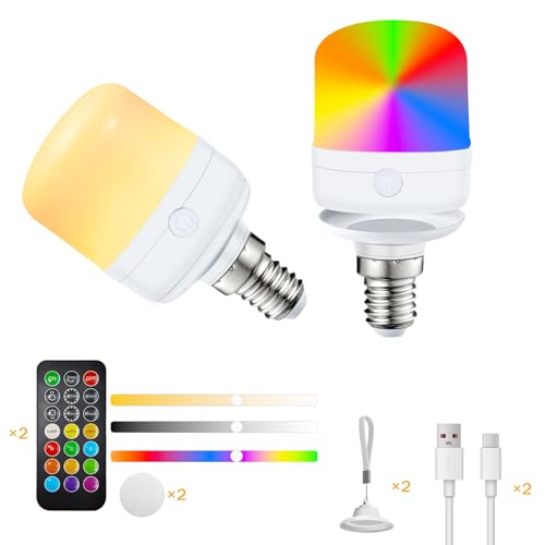 Pulsky USB-C Wiederaufladbare Glühbirne mit Fernbedienung, E14 12 Farben Dimmbare RGB Glühbirne mit Batterie, 7W Akku Glühbirne Mit Timing-funktion, Notlicht Mit Magnetische (2 Pcs) von Pulsky
