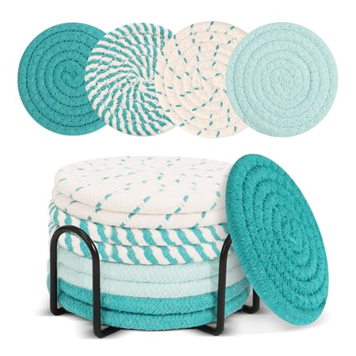 8 Blau Untersetzer mit Halter,Absorbierender Stoff Untersetzer,Blaue Untersetzer Gläser für Küche Büro Die Bar Schmücken,Hauswärmungsgeschenke für Frauen Vater Mutter von Puluole