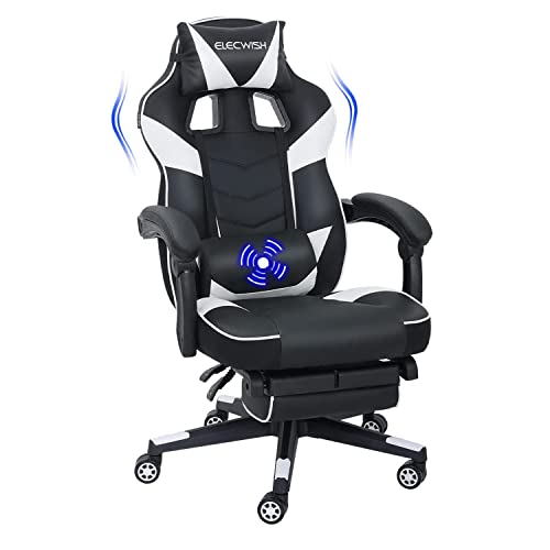 Puluomis Gaming Stuhl, Bürostuhl mit Fußstütze, Racing Stuhl Gaming, PC-Stuhl, Drehbar Hochenverstellbar, 90-150° Rückenlehne Verstellbar, Abnehmbare Kopfstütze, Lendenkissen, Ergonomisch, Weiß von Puluomis