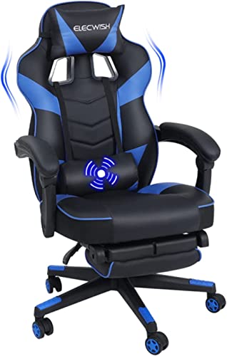 Puluomis Gaming Stuhl, Bürostuhl mit Fußstütze, Racing Stuhl Gaming, PC-Stuhl, Drehbar Hochenverstellbar, 90-150° Rückenlehne Verstellbar, Abnehmbare Kopfstütze, Lendenkissen, Ergonomisch, Blau von Puluomis