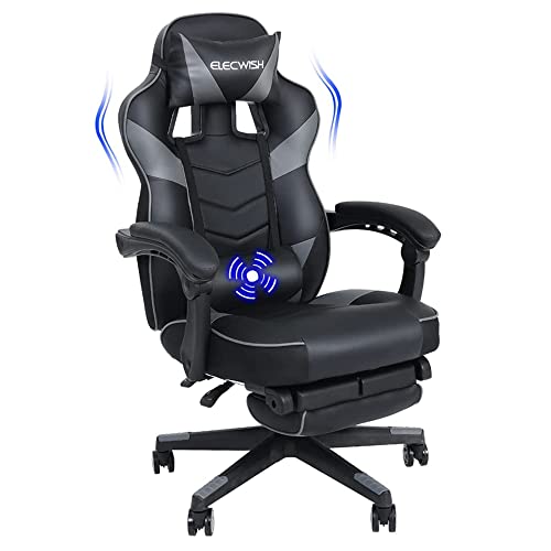 Puluomis Gaming Stuhl, Bürostuhl mit Fußstütze, Racing Stuhl Gaming, PC-Stuhl, Drehbar Hochenverstellbar, 90-150° Rückenlehne Verstellbar, Abnehmbare Kopfstütze, Lendenkissen, Ergonomisch, Grau von Puluomis