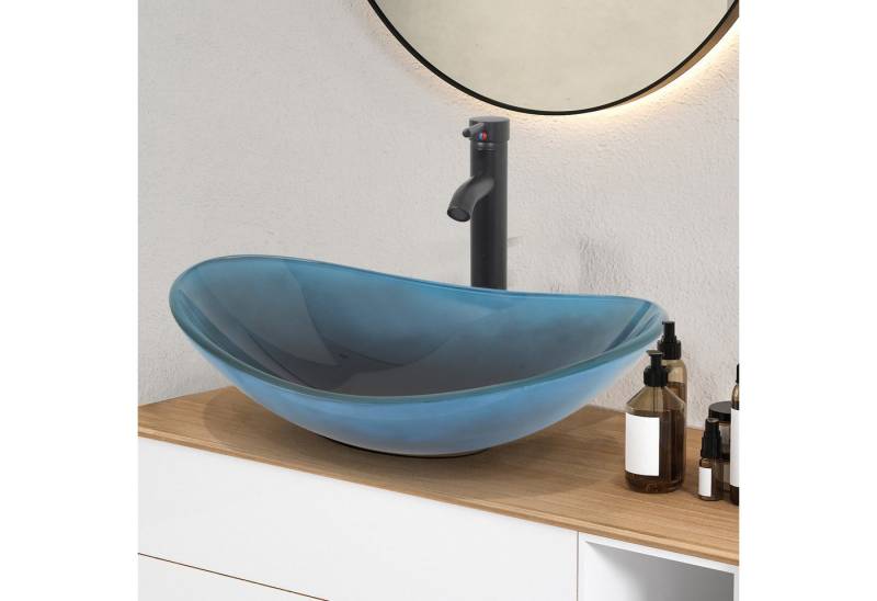 Puluomis Aufsatzwaschbecken Waschbecken Set mit Wasserhahn und Ablaufgarnitur Oval, Handgezeichnet Waschschale, Waschplätze für Badezimmer Küche WC von Puluomis