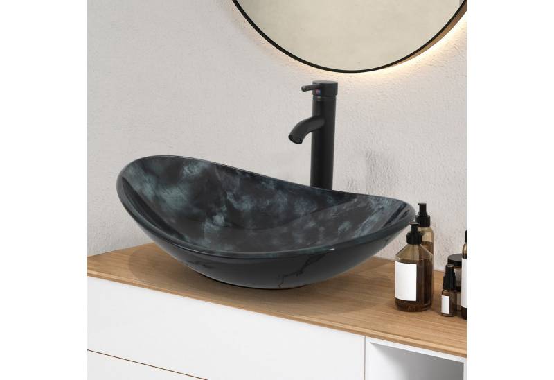 Puluomis Aufsatzwaschbecken Waschbecken Set mit Wasserhahn und Ablaufgarnitur Oval, Handgezeichnet Waschschale, Waschplätze für Badezimmer Küche WC von Puluomis