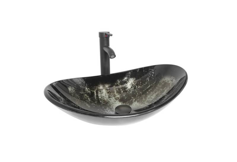 Puluomis Aufsatzwaschbecken Waschbecken Set mit Wasserhahn und Ablaufgarnitur Oval, Handgezeichnet Waschschale, Waschplätze für Badezimmer Küche WC von Puluomis