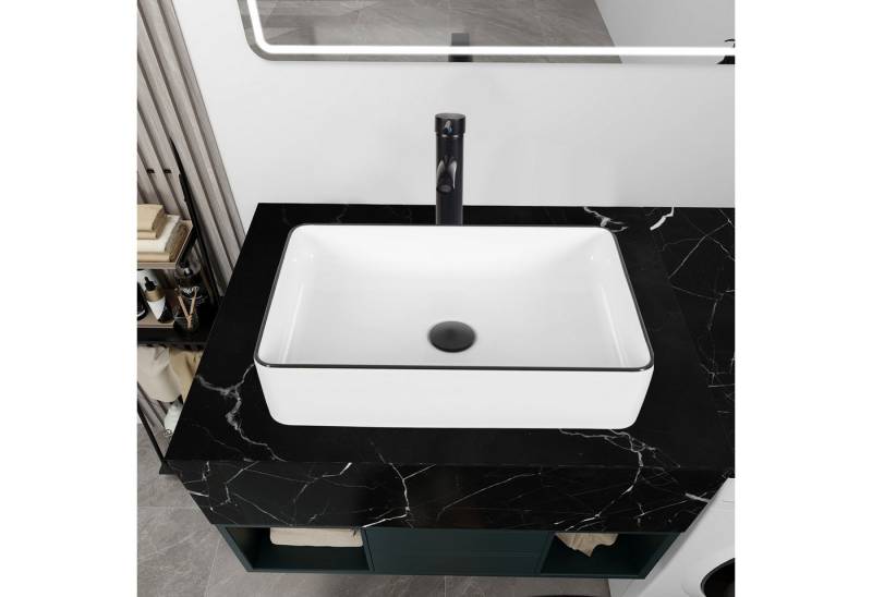Puluomis Aufsatzwaschbecken Waschbecken Set mit Wasserhahn und Ablaufgarnitur Rechteckig Keramik, Weiß/ Schwarz von Puluomis