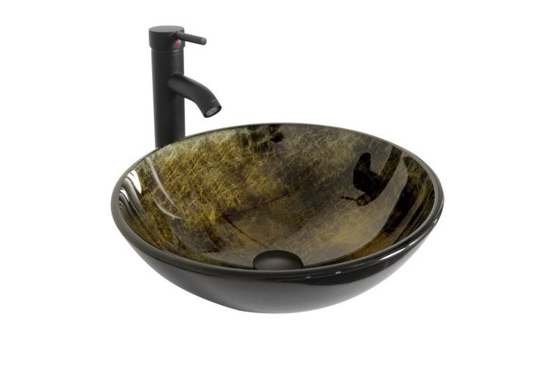 Puluomis Aufsatzwaschbecken Waschbecken Set mit Wasserhahn und Ablaufgarnitur Rund Braun Schwarz, Handgezeichnet Waschschale, Waschplätze für Badezimmer Küche WC von Puluomis