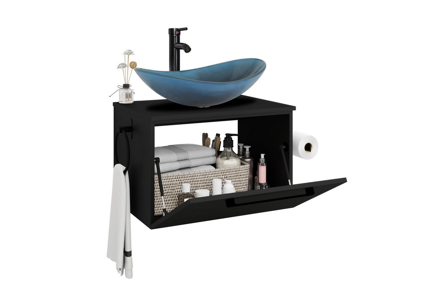 Puluomis Badezimmer-Set Waschbeckenunterschrank 60cm mit Waschbecken, (mit Handtuchring, Klopapierhalter) von Puluomis