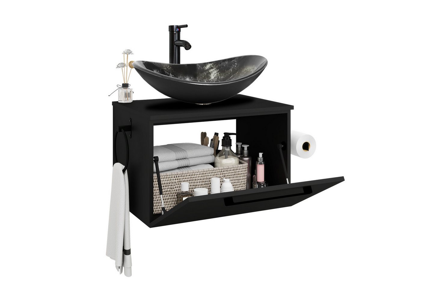 Puluomis Badezimmer-Set Waschbeckenunterschrank 60cm mit Waschbecken, (mit Handtuchring, Klopapierhalter) von Puluomis