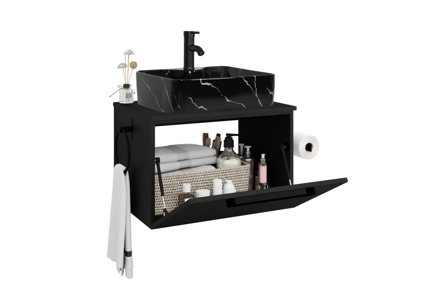 Puluomis Badezimmer-Set Waschbeckenunterschrank 60cm mit Waschbecken, (mit Handtuchring, Klopapierhalter) von Puluomis