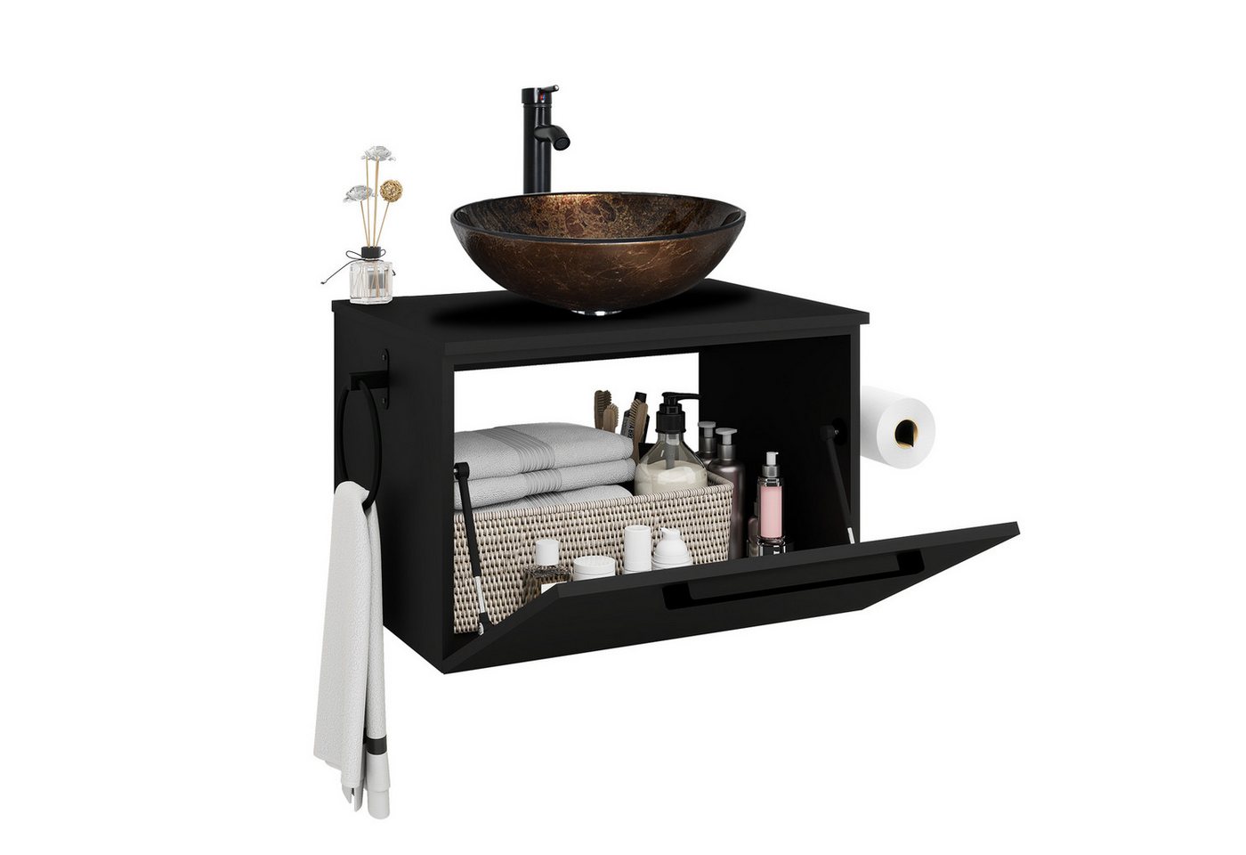 Puluomis Badezimmer-Set Waschbeckenunterschrank 60cm mit Waschbecken, (mit Handtuchring, Klopapierhalter) von Puluomis