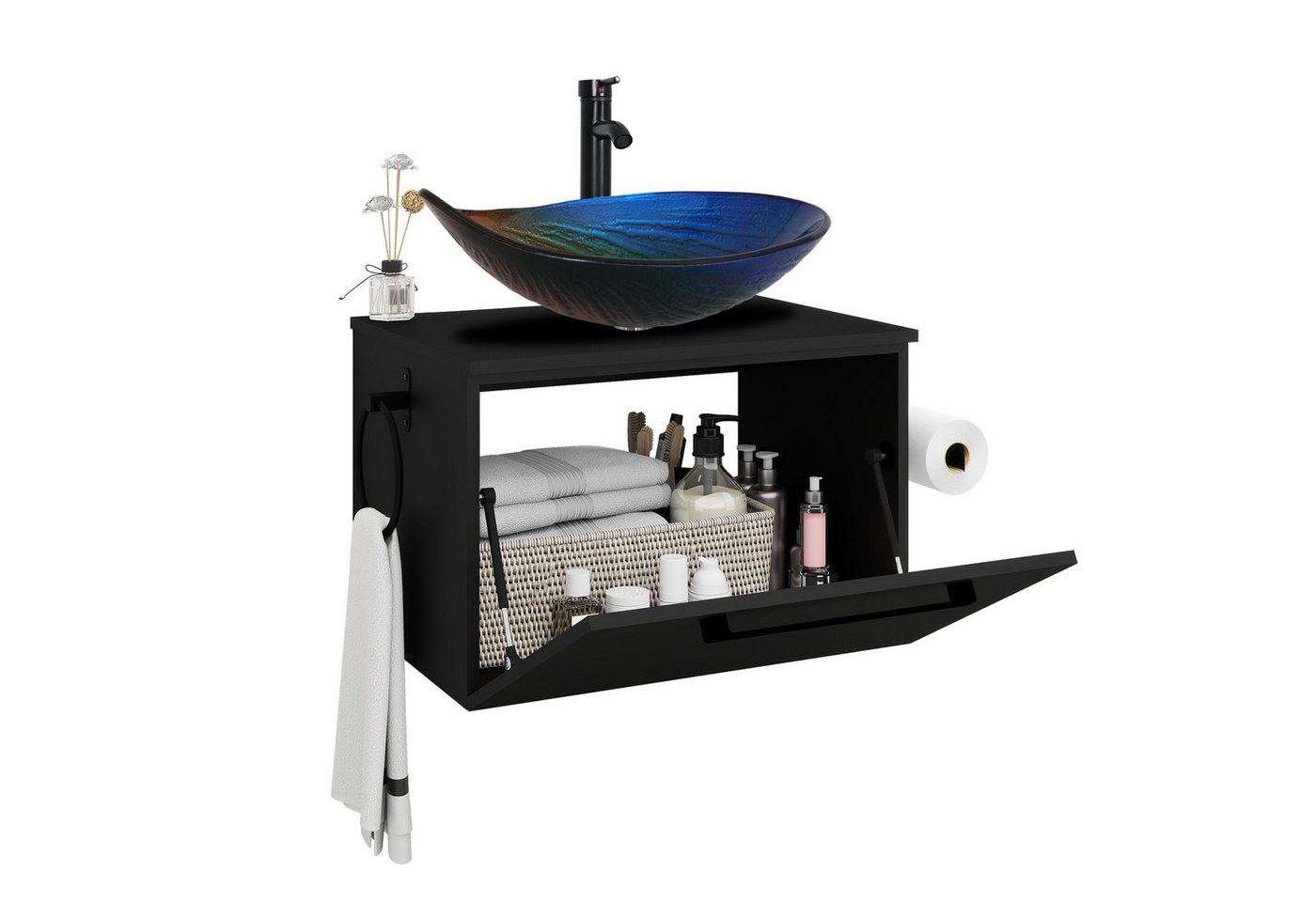 Puluomis Badezimmer-Set Waschbeckenunterschrank 60cm mit Waschbecken, (mit Handtuchring, Klopapierhalter) von Puluomis