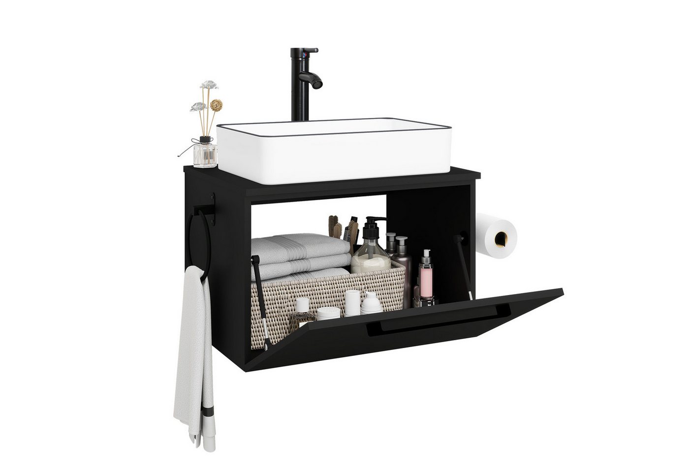 Puluomis Badezimmer-Set Waschbeckenunterschrank 60cm mit Waschbecken, (mit Handtuchring, Klopapierhalter) von Puluomis