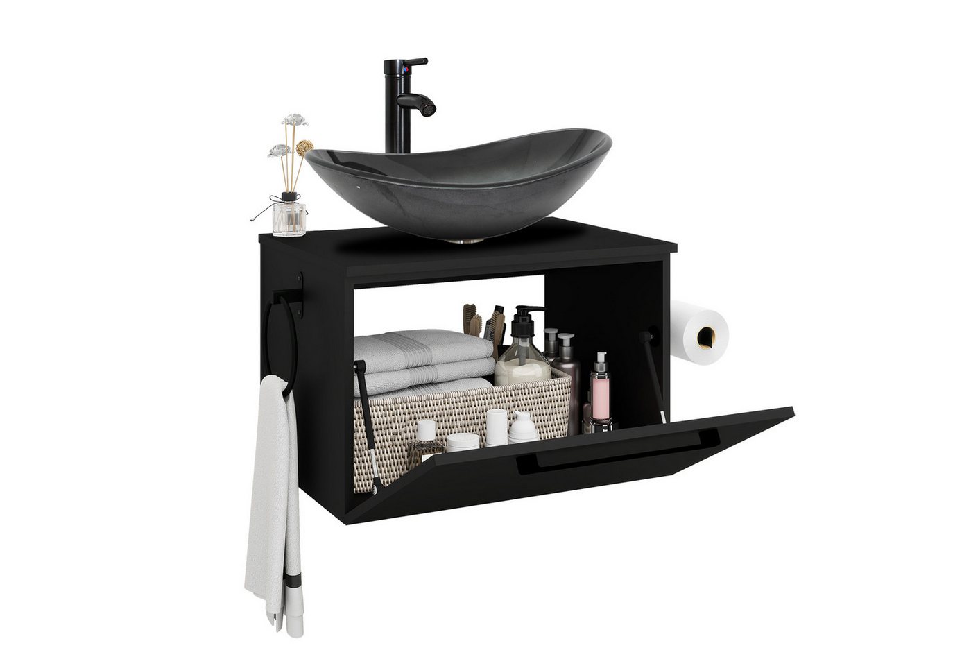 Puluomis Badezimmer-Set Waschbeckenunterschrank 60cm mit Waschbecken, (mit Handtuchring, Klopapierhalter) von Puluomis